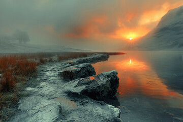 A Lake District inspired landscape scene at golden hour in the English countryside - 751589977