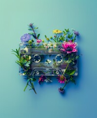 Wild flowers growing inside a vintage cassette tape. Fresh ideas, inspirational background. - 751590301