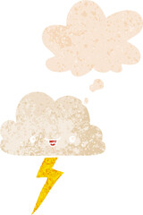 cartoon storm cloud and thought bubble in retro textured style