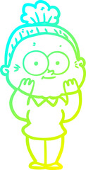 cold gradient line drawing cartoon happy old woman