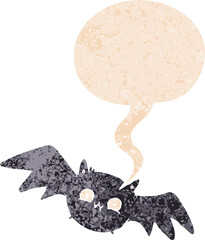 cartoon halloween bat and speech bubble in retro textured style