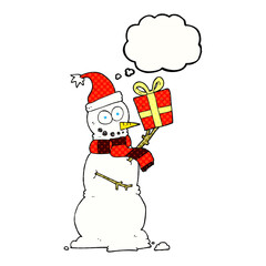 thought bubble cartoon snowman holding present