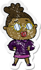 distressed sticker of a cartoon woman wearing spectacles