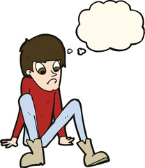 cartoon boy sitting on floor with thought bubble