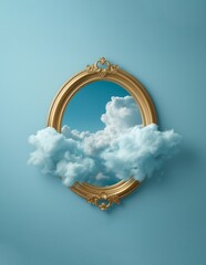 Oval golden frame with sky clouds entering inside. Surreal, immersive reality background. - 751590571