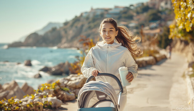 Beautiful young mother dressed sporty running clothes slow jogging with a baby in jogging stroller by the seaside walking path. Active people Maternity or Parental leave concept image.