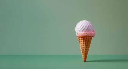 Ice cream cone with a golf ball inside against pastel green background. Calories, active life copy space background. - 751590779
