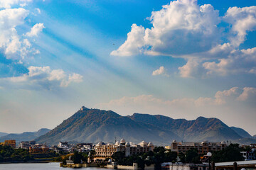 View of mountains with lake in Udaipur, Rajasthan