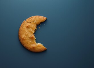Moon shaped bitten cookie against indigo uniform background. Dream food conceptual flat lay - 751591367