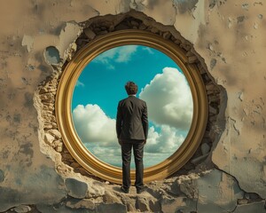 Man looking at the cloudy sky through a circular window of ruined wall. Plans for the future conceptual background. - 751591535