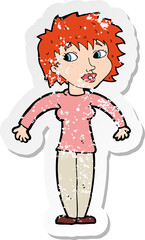 retro distressed sticker of a cartoon woman shrugging shoulders