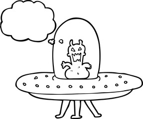 thought bubble cartoon alien in flying saucer