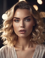 Glamour portrait of beautiful woman model with fresh daily makeup and romantic wavy hairstyle. Fashion