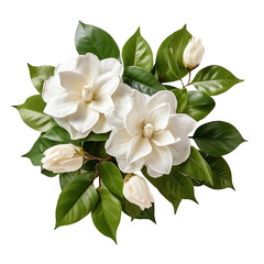 Beautiful realistic illustration of blooming branch of jasmine tree. White jasmine flowers. Isolated on white background. For print, packaging, cards, designers, clothes, interior, icon, logo, tattoo