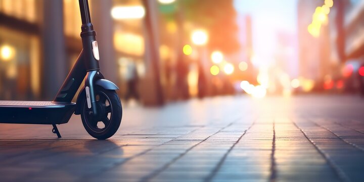 Electric scooter charging on city street symbolizing the rise of ecofriendly transportation. Concept Eco-Friendly Transportation, City Lifestyle, Urban Mobility, Sustainable Living