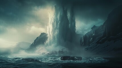 The raw power of nature depicted in a dramatic waterfall cascading down under a tempestuous and moody sky - obrazy, fototapety, plakaty