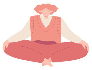 Young person meditating. Meditation practice. Concept of meditation, relax and yoga. Vector non-binary person character illustration isolated on white