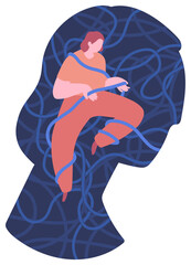 Young woman sits with tangle thought. Concept of stressed person, depressed, mental illness, sad and lonely character, anxiety, crying female. Flat vector illustration