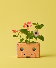 Wild flowers inside a vintage audio tape planter. Pastel  yellow, springtime top view background. - 751592552