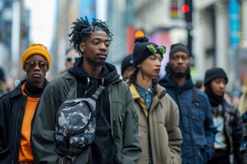 Fototapeta premium A diverse group of people walking together down a bustling city street, immersed in conversation and surrounded by skyscrapers and urban life.