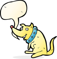 cartoon happy dog in big collar with speech bubble