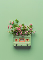 Cassette tape planter with spring flowers growing. New trends conceptual flat lay background. - 751592778