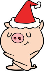 happy line drawing of a pig wearing santa hat