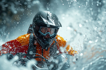 A motorcyclist in close-up on the highway amid splashes of water. Motorcycle racing on the track....