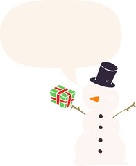 cartoon snowman and speech bubble in retro style