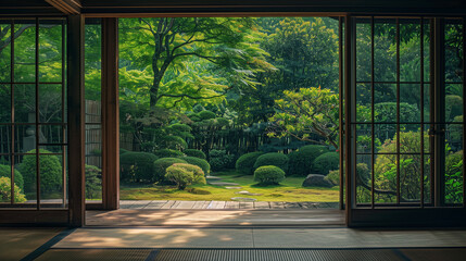 歴史ある日本家屋から見える新緑の日本庭園 - obrazy, fototapety, plakaty