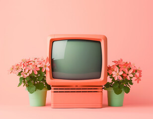 Vintage TV set with flower planters. Fresh, spring television program background. - 751593105