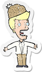 retro distressed sticker of a cartoon man wearing winter hat