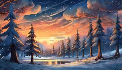 Detailed illustration of snowy landscape with mountains and arctic forest. Winter scenery. - obrazy, fototapety, plakaty