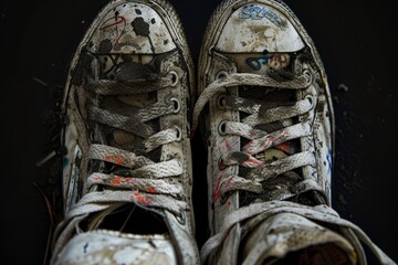 A pair of worn white sneakers covered in colorful graffiti art, showcasing urban creativity and personal expression.