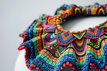 A close-up of a colorful necklace resting delicately on a pristine white plate, showcasing intricate details and rich hues.