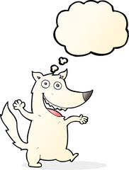 cartoon happy wolf with thought bubble