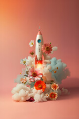 Toy space rocket launching with flowers exiting the motor. Eco friendly rocket fuel conceptual background. - 751593917