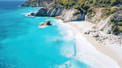 White sand beach of Mediterranean shoreline. Green grass covered cliff washed by the turquoise transparent sea water. Beauty of wild untouched environment. Breathtaking landscape. - Powered by Adobe