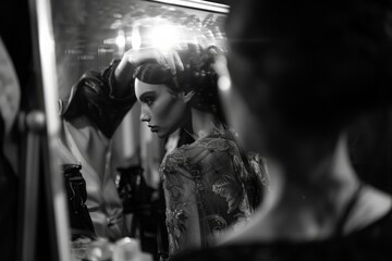 A woman gazes at her reflection in a mirror, her eyes filled with contemplation and introspection.