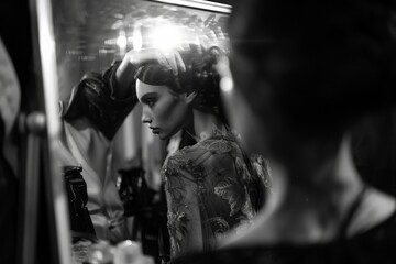 Fototapeta premium A woman gazes at her reflection in a mirror, her eyes filled with contemplation and introspection.