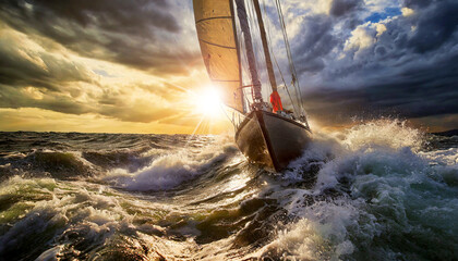 Bottom view of a modern sailing boat braving the waves of a wild stormy sea, in the background dramatic sky with storm clouds at sunrise or sunset. Generative Ai.