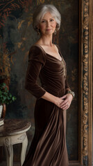 Full-length portrait of an elegant mature woman in a vintage brown velvet dress