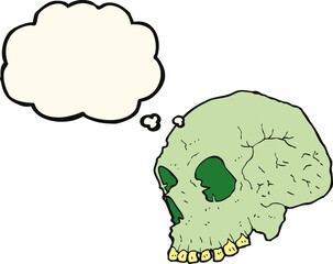 cartoon spooky skull with thought bubble