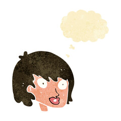 cartoon happy female face with thought bubble