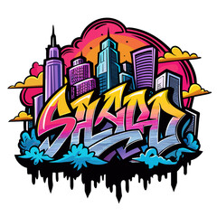 Tshirt Sticker of a hand-drawn illustration featuring an urban skyline with graffiti-style lettering for a streetwear vibe.