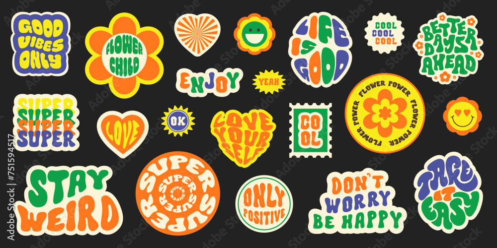 Poster trendy colorful set stickers with smiling face and text. collection of cartoon shapes, positive slog