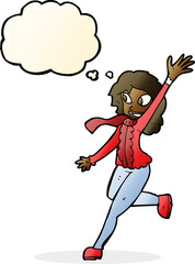 cartoon woman waving dressed for winter with thought bubble