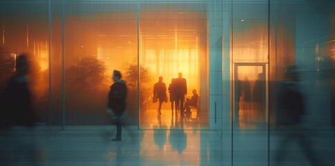 business, bokeh, abstract, background, blur, blurred, defocused, interior, hall, office.　blurred image of a large office space in the sun with business people going about their business. Generative Ai