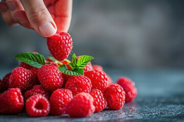 A hand grabbing a raspberry from a pile on the table