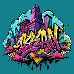 Tshirt Sticker of a hand-drawn illustration featuring an urban skyline with graffiti-style lettering for a streetwear vibe.